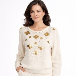 Vintage Marisa Christina sweater featuring gold coin medallion embellishments